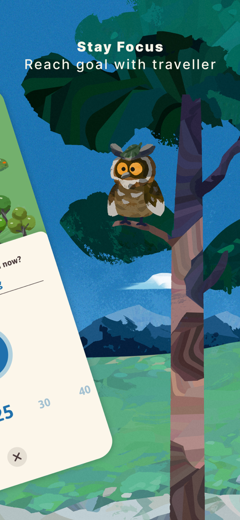 Focus Traveller app screenshot showing an artistic owl illustration on a tree and a focus timer interface against a mountain backdrop.