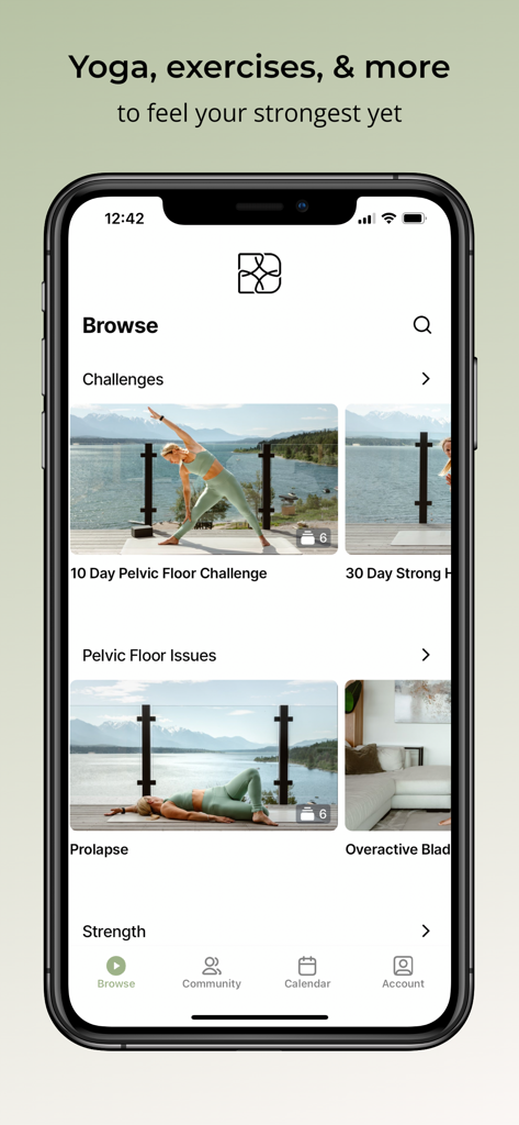 Defy by Dr.Melissa - Browse screen of the Defy by Dr. Melissa app showing pelvic floor challenges and specialized yoga routines for women's health.