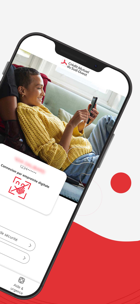 CMSO Suivi de compte et budget - Interface de connexion de l'application bancaire mobile CMSO avec authentification par empreinte digitale et un utilisateur souriant