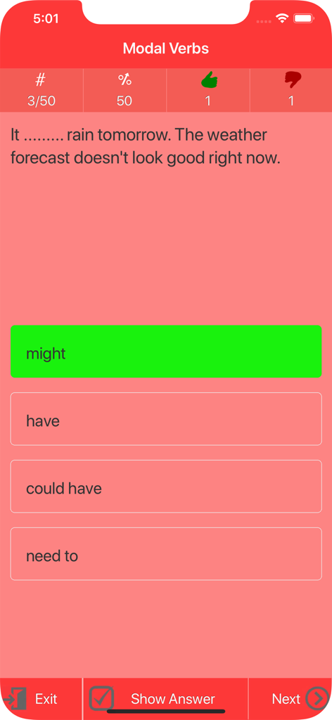 Elementary English Grammar - Elementary English Grammar app interface showing a multiple choice quiz question about modal verbs.