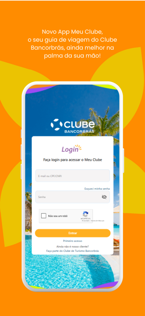 Anmeldebildschirm der Meu Clube Bancorbras App mit einem tropischen Resort im Hintergrund