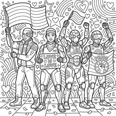 Join these incredible Exploration Cyborgs as they boldly celebrate Pride Month in a display of unity and acceptance. This dynamic coloring page captures the spirit of diversity with futuristic flair, ready for your artistic touch.
