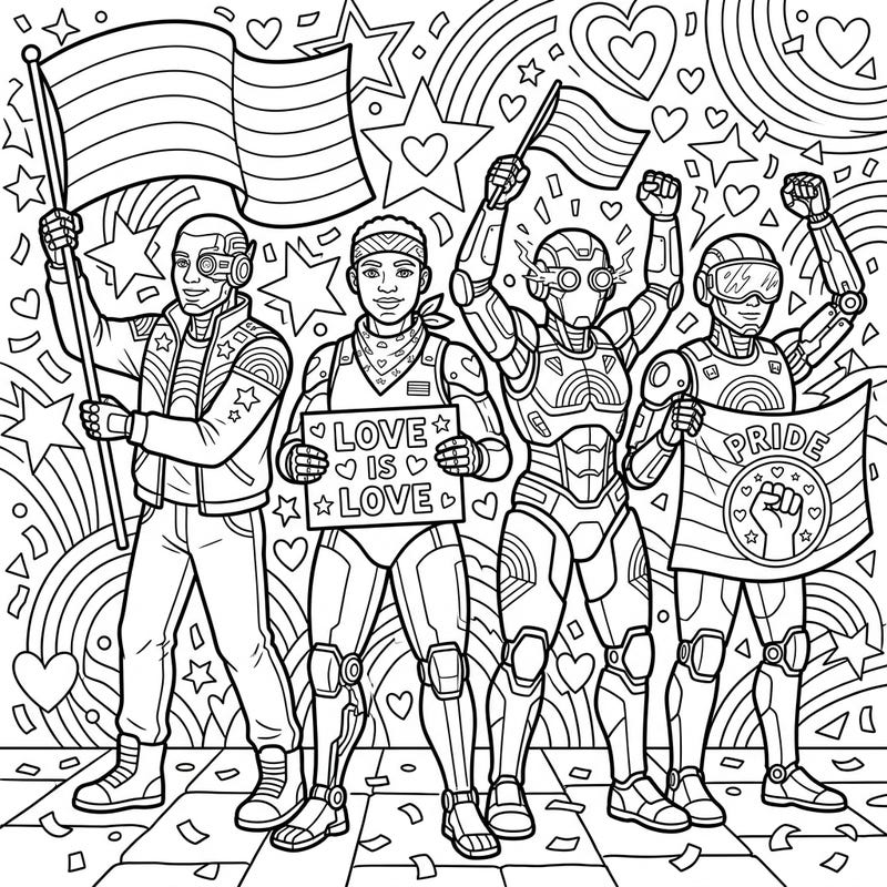 Join these incredible Exploration Cyborgs as they boldly celebrate Pride Month in a display of unity and acceptance. This dynamic coloring page captures the spirit of diversity with futuristic flair, ready for your artistic touch.