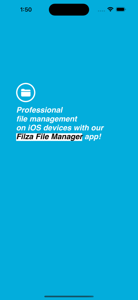 Filza File Manager. - Introductory screen for Filza File Manager highlighting professional file management on iOS devices