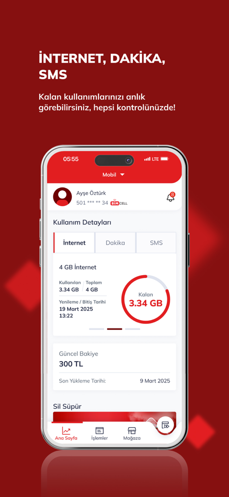 Bimcell Online İşlemler - Bimcell mobile app usage page showing remaining internet data and TL credit balance on a smartphone.