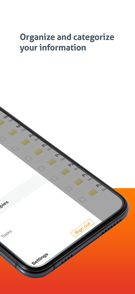 Pantalla de la aplicación móvil Laserfiche que muestra una lista de carpetas digitales organizadas con casillas de verificación