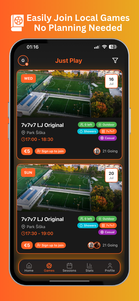 Just Play: Football - Pantalla de la aplicación Just Play mostrando una lista de próximos partidos de fútbol locales con fechas y ubicaciones