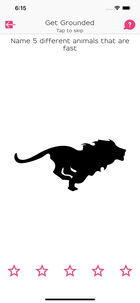 What's Up? A Mental Health App - Grounding game screen in the What's Up mental health app showing a running lion silhouette and a prompt to name five fast animals