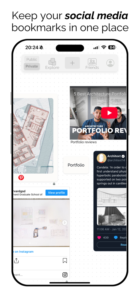 Showcase Co. - Mobile app interface displaying a visual board of social media bookmarks from various platforms including YouTube and Pinterest