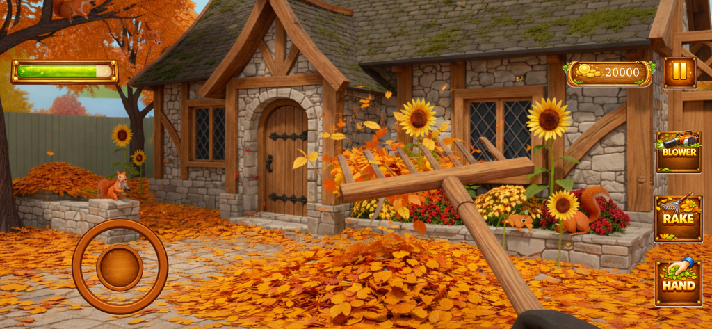 Critters Leaf Clean It Alone - Barriendo hojas de otoño en un acogedor jardín de cabaña