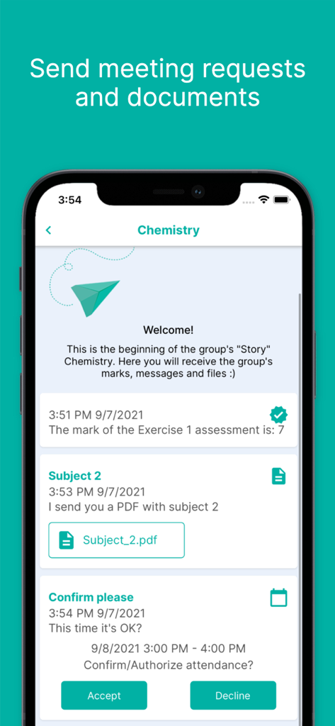 Edvoice - School communication - Interfaz de la aplicación Edvoice que muestra documentos escolares, calificaciones de evaluación y una solicitud de asistencia a eventos para padres.