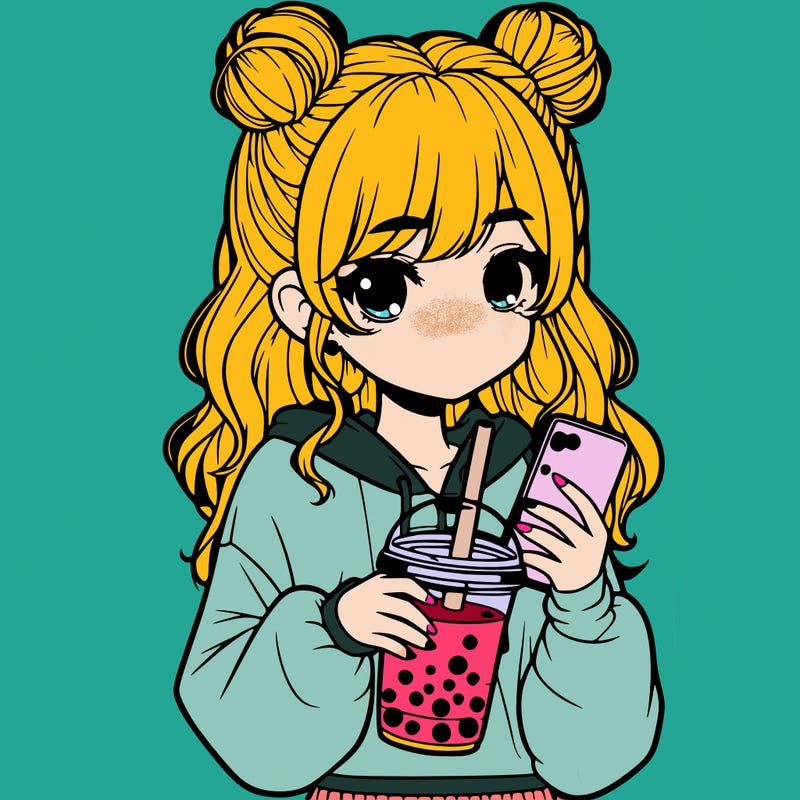 realistic girl with a lphone and boba