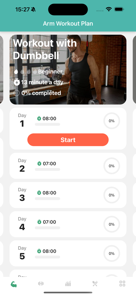 Arm Workout & Bicep Exercise#1 - Pantalla de aplicación móvil que muestra un plan de entrenamiento de brazos diario para principiantes con ejercicios con mancuernas