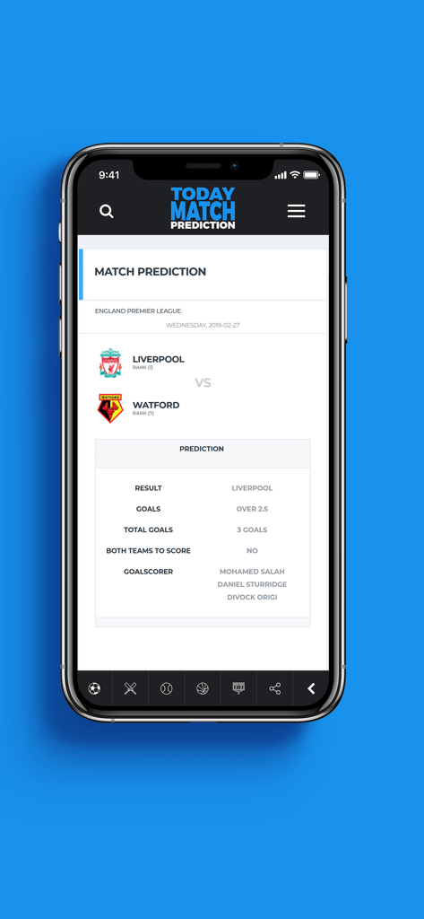Today Match Prediction - 今日の試合予測アプリのインターフェース、プレミアリーグの試合のサッカーベッティングのヒントを表示