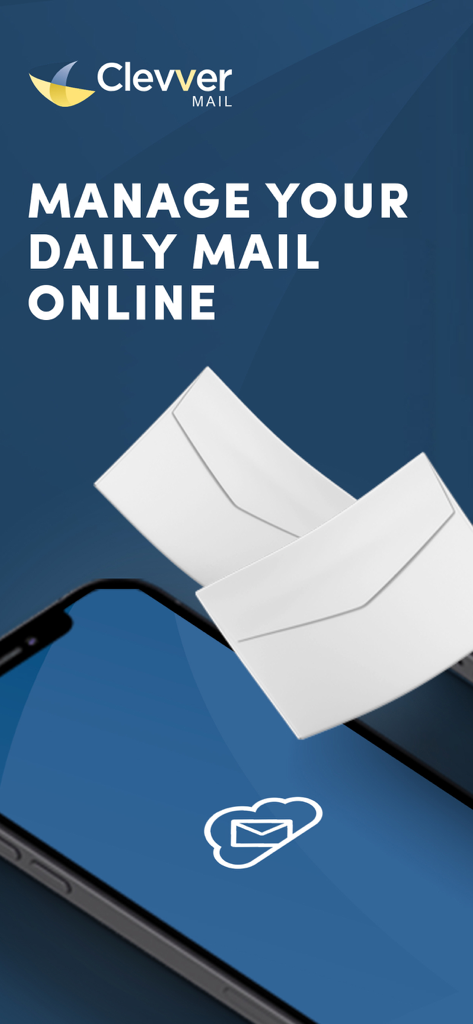 ClevverMail app splash screen with the text manage your daily mail online and digital mail icons