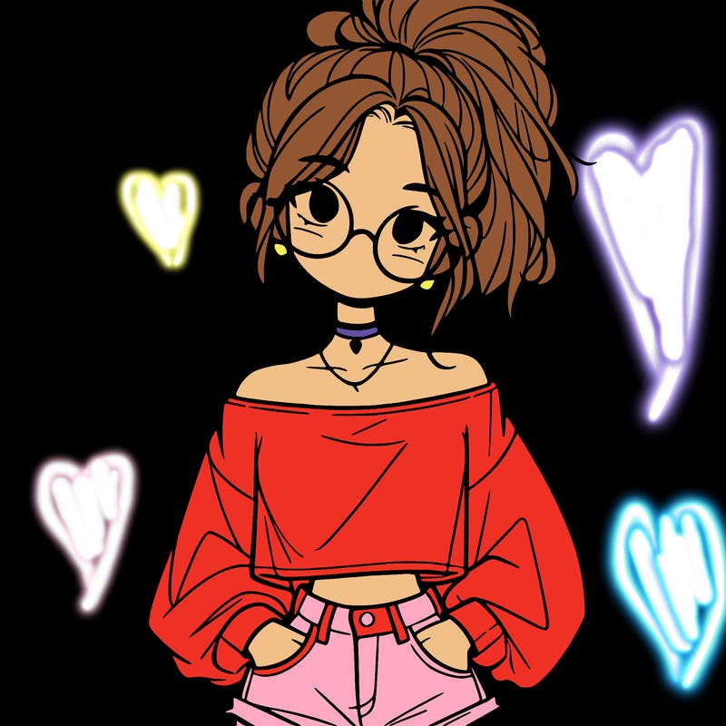 girl with a messy ponytail glasses a baggy crop top and jean shorts