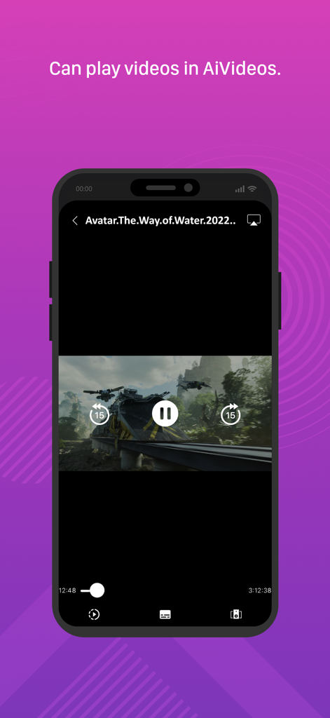 AiVideos - ASUSTOR NAS - AiVideos app showing a movie playback screen on a smartphone.