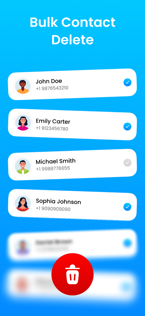 Interface of MCBackup app showing the bulk contact delete feature with selected contacts and a trash icon button