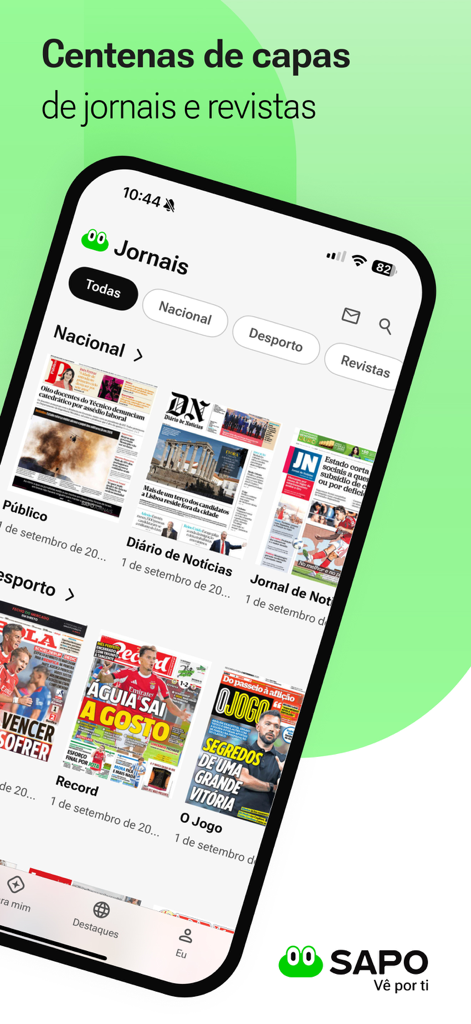 Captura de pantalla móvil de la app SAPO mostrando varias portadas de periódicos y revistas portuguesas en una interfaz de quiosco digital