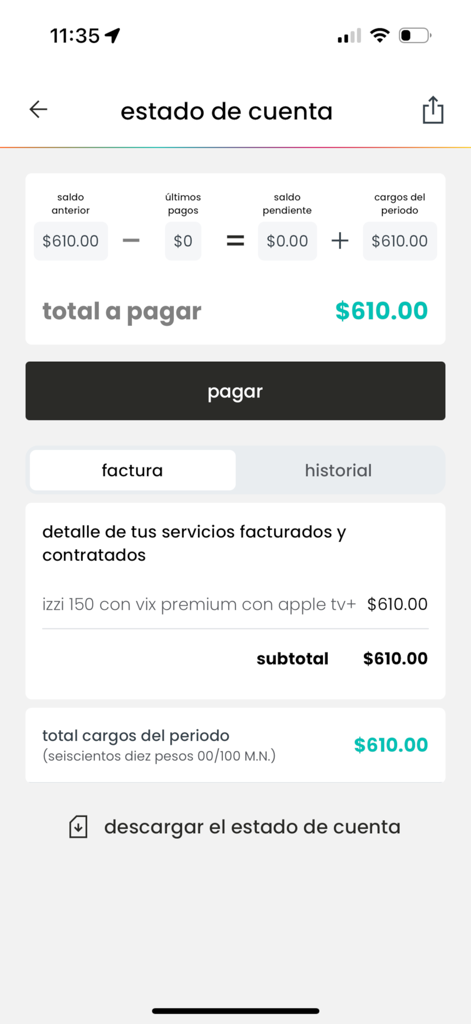 izzi - Screenshot of the izzi app displaying the account balance billing details and a payment button.