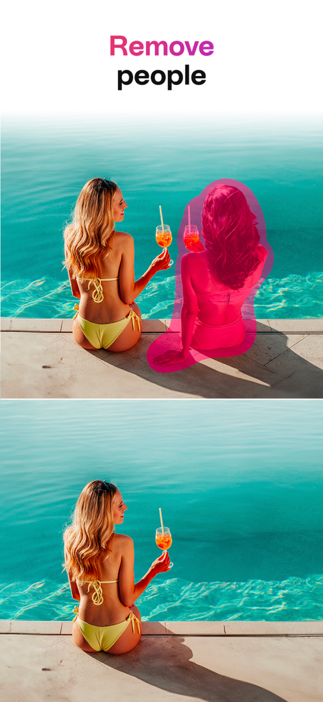 Before and after comparison of the AI tool removing a person from a poolside photo