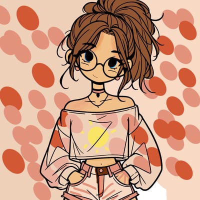 girl with a messy ponytail glasses a baggy crop top and jean shorts