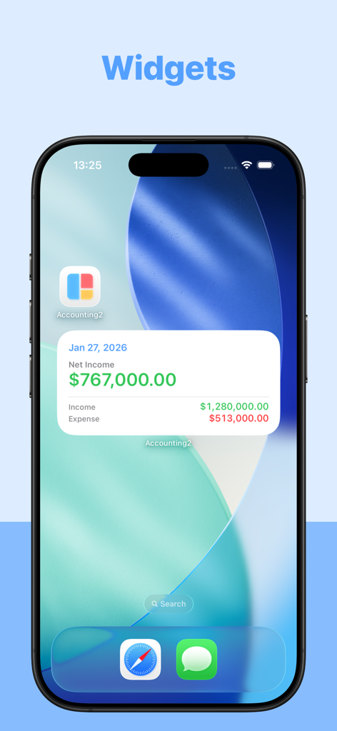 Small Business Accounting 2 - Small Business Accounting 2 app widget on an iPhone home screen showing net income and expense data