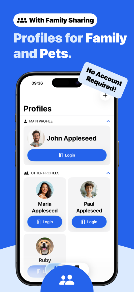 Immunization Record – Vaccy - Vaccy app screenshot showing immunization profiles for family members and pets