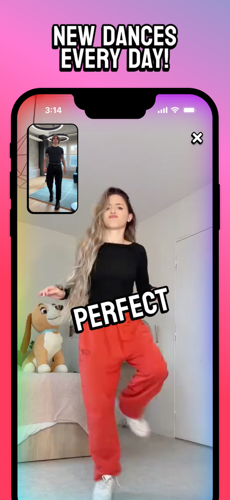 Dance Ninja - Filter Games - A young woman achieving a perfect score in a daily dance challenge on the Dance Ninja app