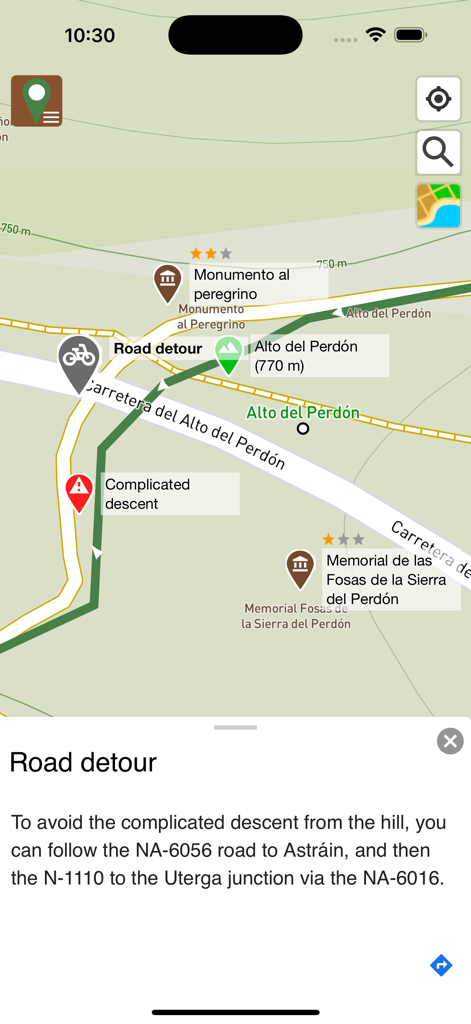 Gronze Maps - Gronze Maps interface showing a road detour and trail safety warning at Alto del Perdon on the Camino de Santiago