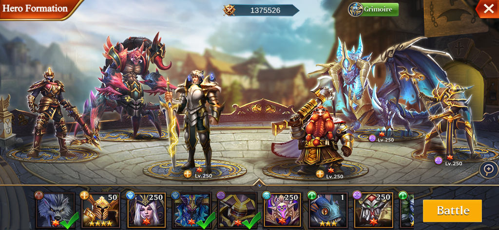 Hero formation screen in Trials of Heroes showing a strategic lineup of five high level heroes