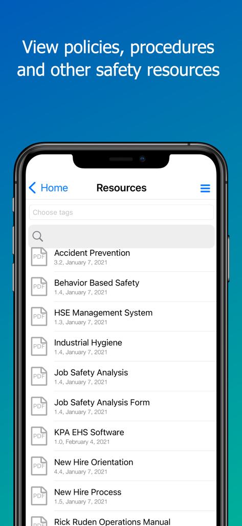 KPA Flex: Safety Management - Interface do aplicativo móvel KPA Flex exibindo uma lista de recursos e procedimentos de segurança