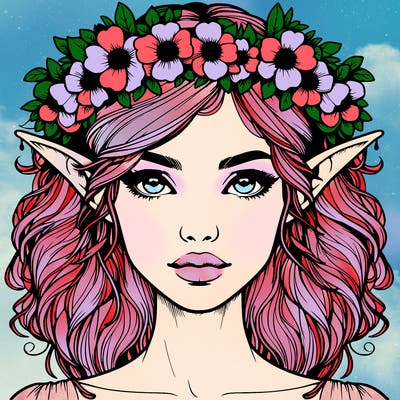 realistic female elf with flower crown