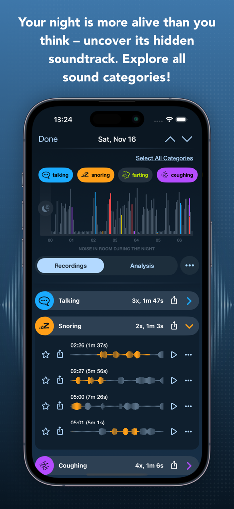 Prime Sleep Recorder Pro - Prime Sleep Recorder Pro interface showing a night noise chart with recordings categorized by talking snoring and coughing