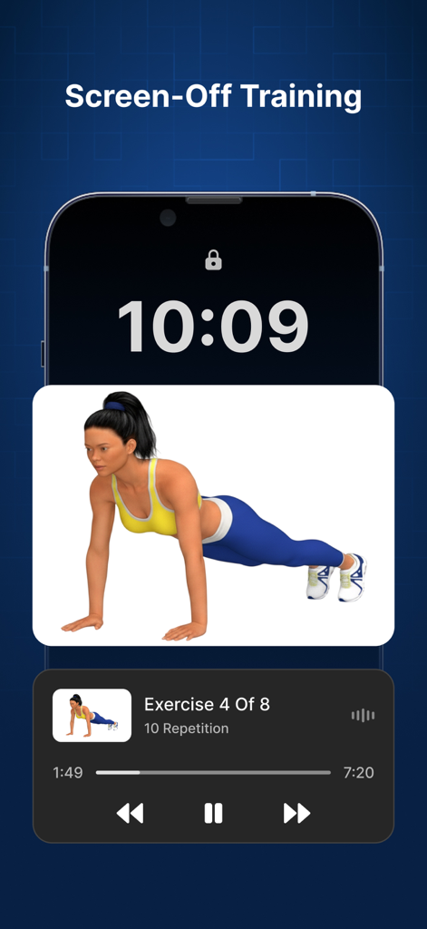 P4P Burnify: Weight Loss Plan - Sesión de entrenamiento de la aplicación Burnify en la pantalla de bloqueo de un iPhone que muestra un ejercicio de flexión con repeticiones y controles de reproducción
