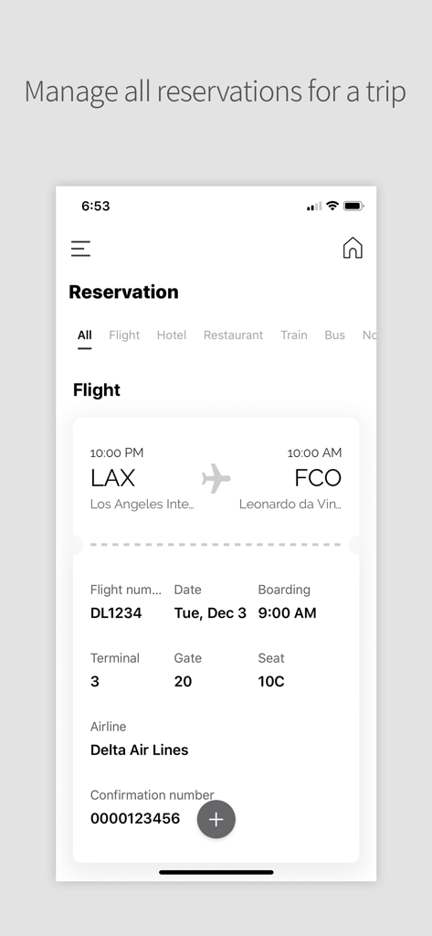 DAILY TRIP - Trip History - 出発都市と到着都市を含むフライト予約の詳細が表示されているモバイルアプリのインターフェース