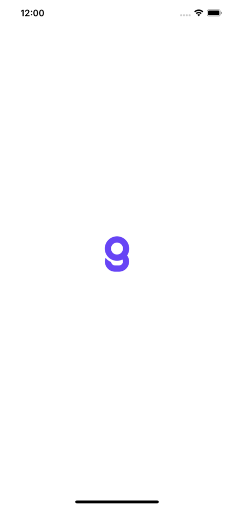 Pantalla de inicio de la aplicación Reserva de Gimnasio con un logo estilizado de 'g' morado sobre un fondo blanco