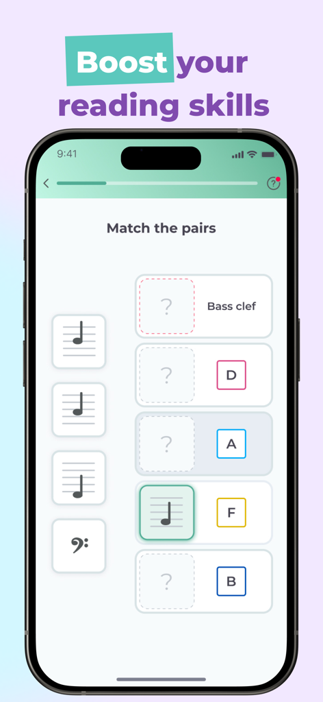 Talented: Music Learning App - Un juego de emparejar notación musical en la interfaz de la app Talented.