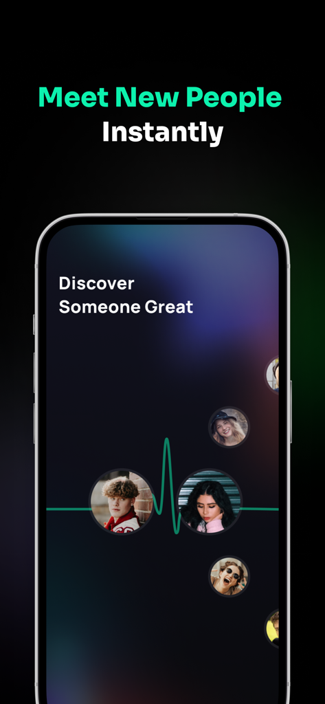 「すぐに新しい人に会う」と表示され、多様なユーザーの円形のプロフィール写真が表示されるTIYAアプリのスマートフォン