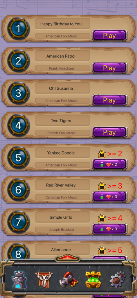 Music White Tile 2:Piano Games - Song selection menu in Music White Tile 2 showing a list of folk songs with play buttons and level requirements.