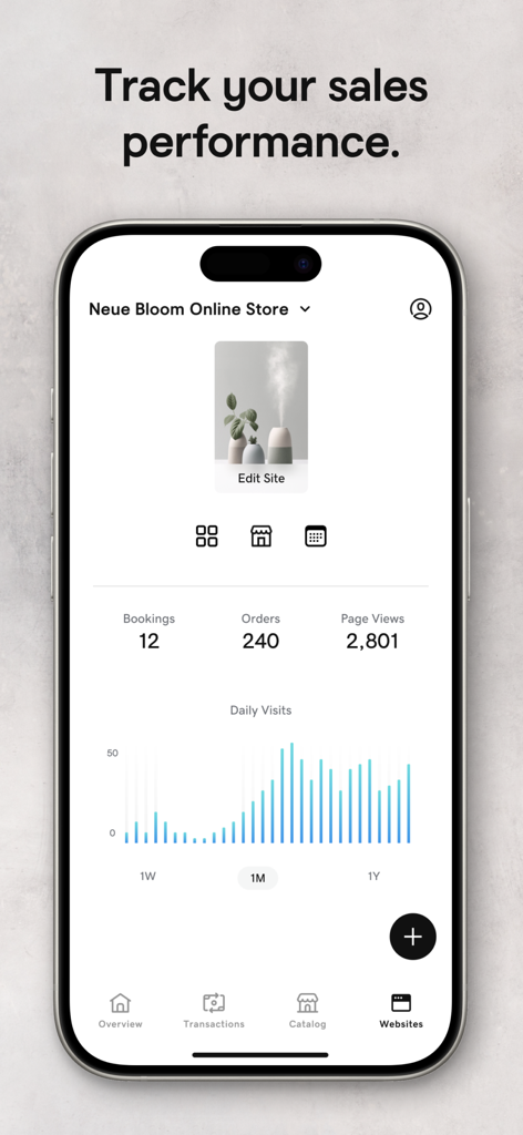 Dashboard mobile all'interno dell'app GoDaddy Commerce che mostra metriche di vendita, incluse prenotazioni, ordini e un grafico a barre delle visite giornaliere al sito web.