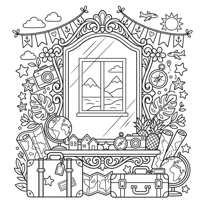 Imagine your next adventure with this enchanting coloring page, featuring an ornate bedroom mirror surrounded by delightful vacation essentials. Dive into a world of travel and relaxation as you bring this unique design to life with your favorite colors.