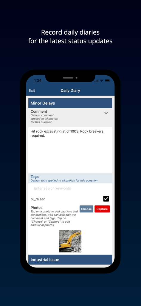 Smartphone displaying the SYNCHRO Perform app interface for recording a daily construction diary with site notes and excavator photos