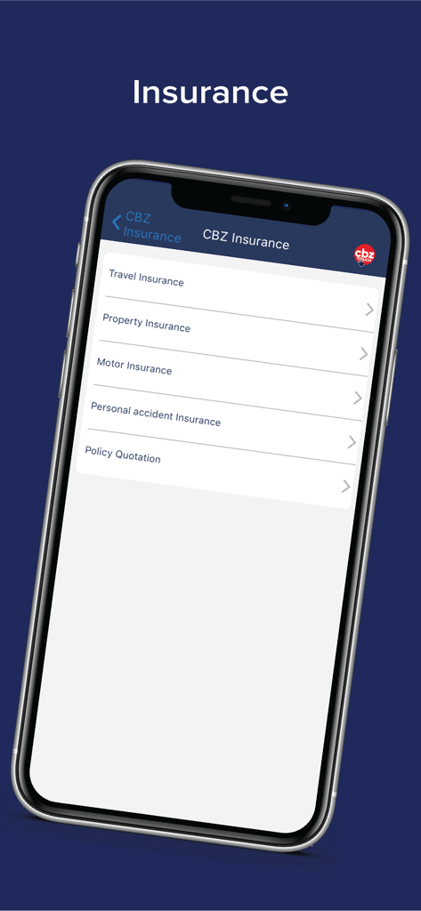 CBZ Touch - Menú de seguros de la aplicación móvil CBZ Touch que muestra opciones de seguros de viaje, propiedad, motor y accidentes personales.