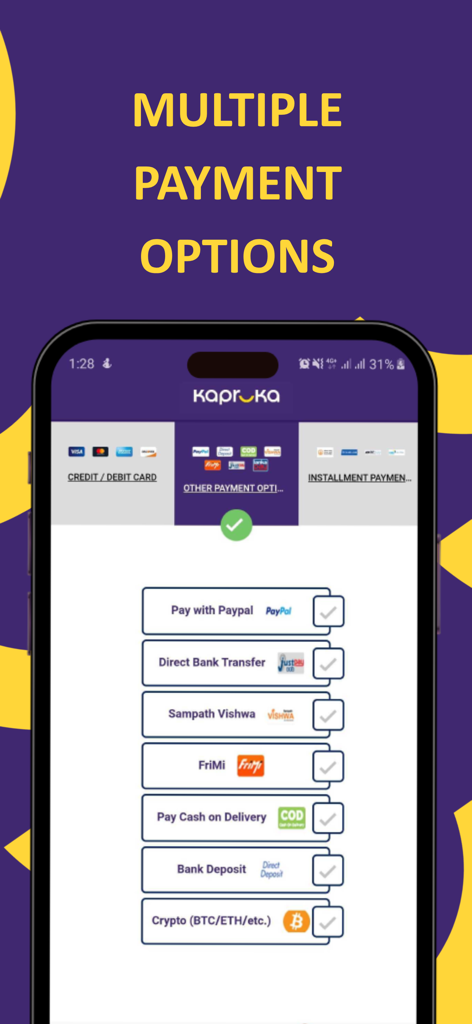 Kapruka app screen showing multiple payment options including PayPal bank transfer and cash on delivery