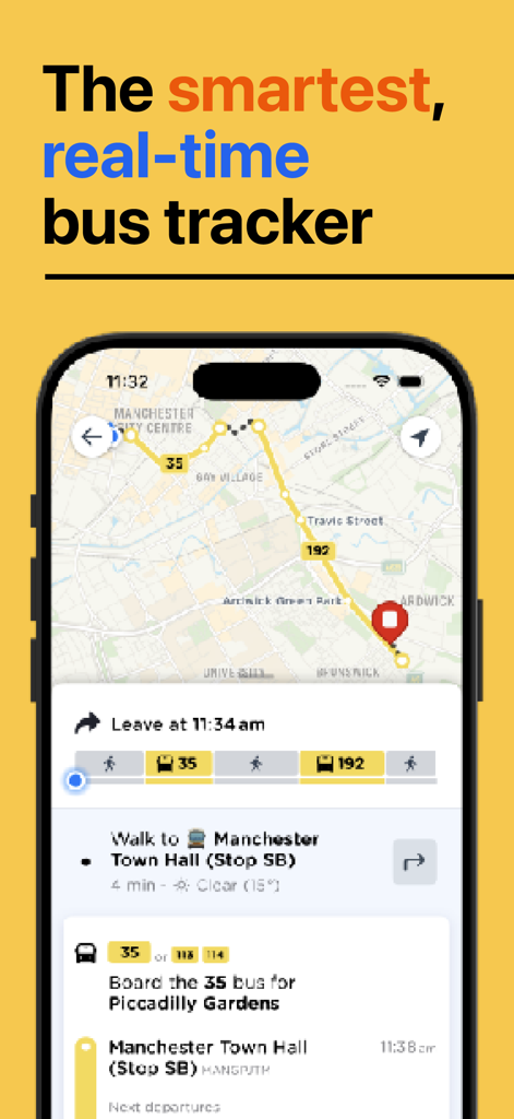 Manchester Bus & Tram - Application de suivi des bus en temps réel et de planification d'itinéraires pour Manchester montrant les itinéraires en direct et les heures de départ