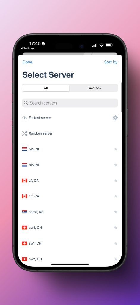 VPN - SWR - SWR VPN Mobile App-Bildschirm, der eine Liste globaler Serverstandorte anzeigt, einschließlich Niederlande, Kanada und Schweiz.