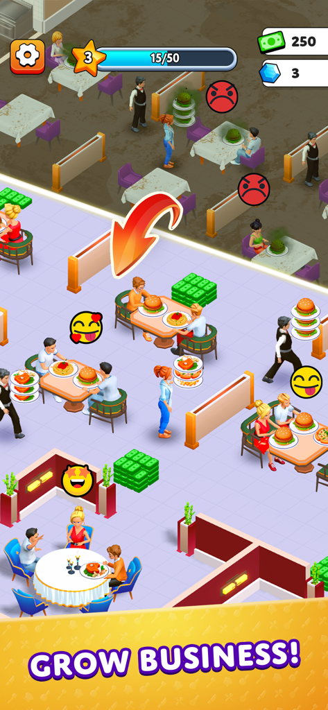 Gameplay screenshot of Suzys Food Restaurant Game showing restaurant upgrades and happy customers