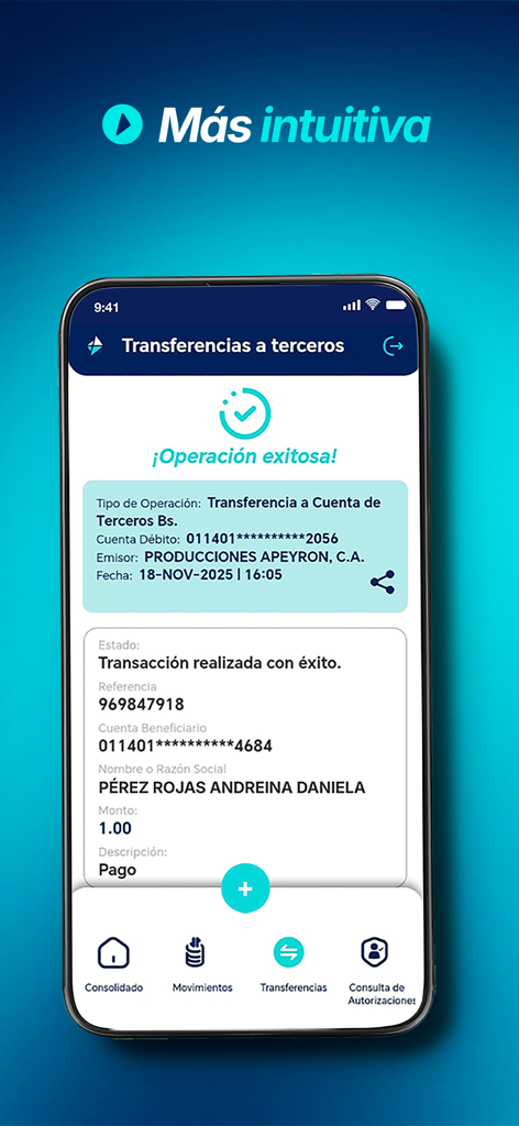 Conexión Digital Empresas - Mobile screen showing a successful third party bank transfer confirmation in the Conexion Digital Empresas app.