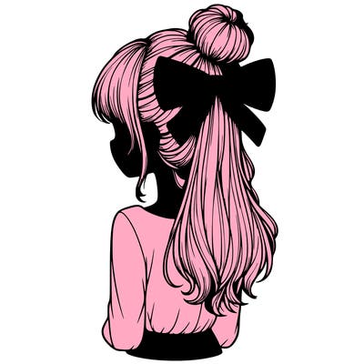 realistic girl  with hip length hair a bun and a big bow on the back of head